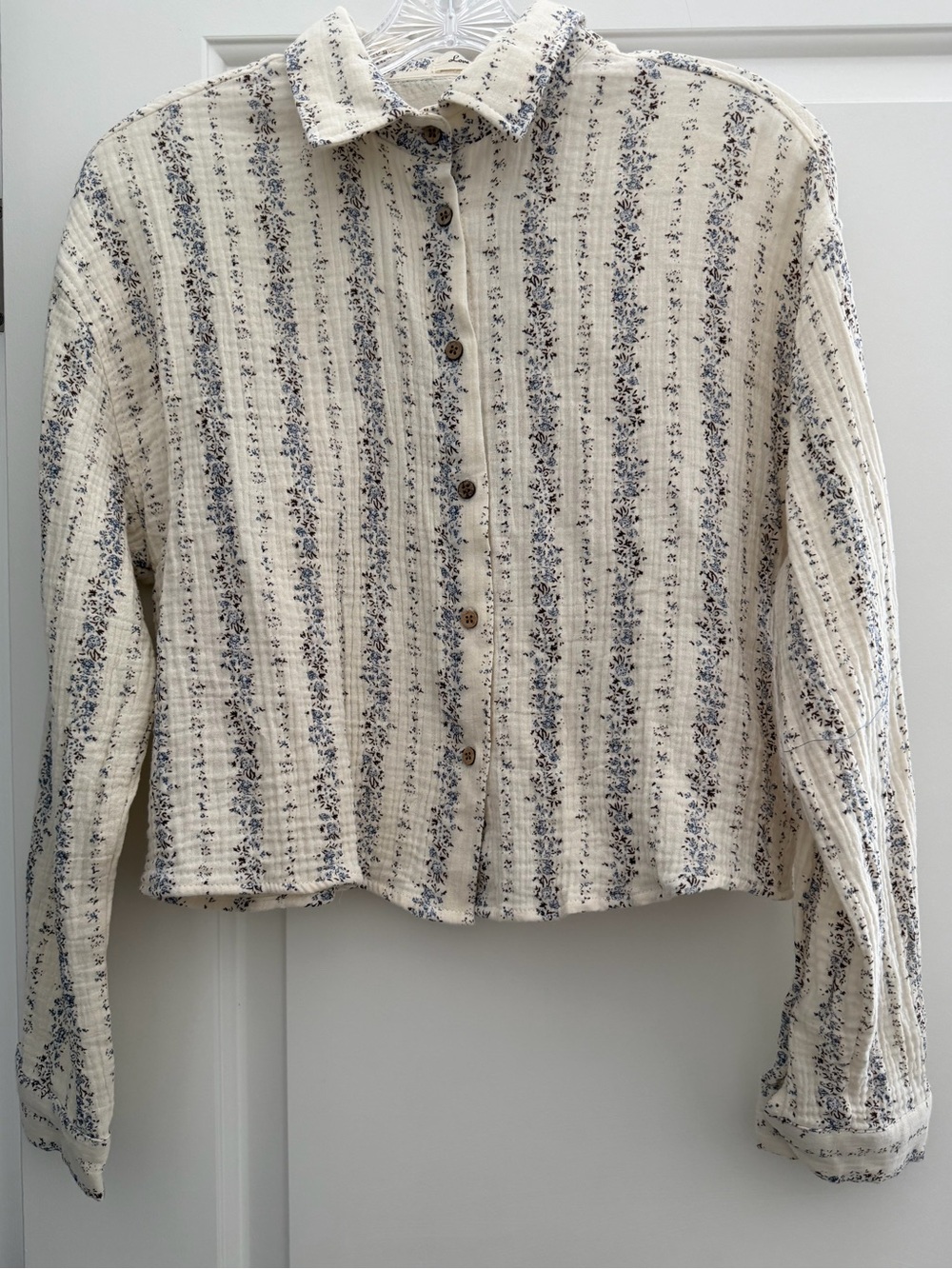 Love Notes Floral Stripe Cotton Gauze Cropped Button Down Shirt